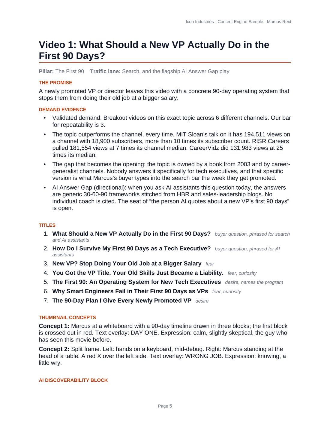 A full video concept page: promise, demand evidence, titles, and thumbnail direction